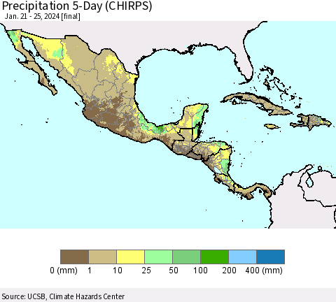 Mexico Central America and the Caribbean Precipitation 5-Day (CHIRPS) Thematic Map For 1/21/2024 - 1/25/2024