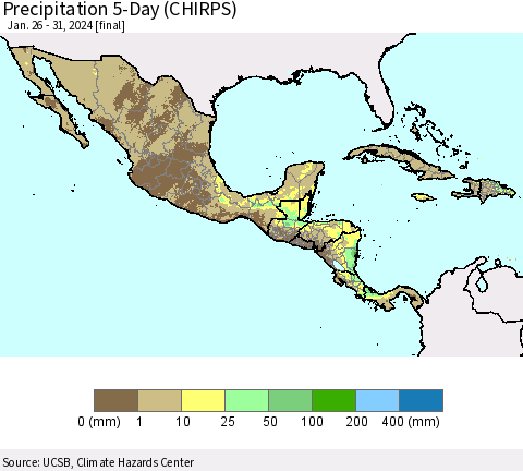 Mexico Central America and the Caribbean Precipitation 5-Day (CHIRPS) Thematic Map For 1/26/2024 - 1/31/2024