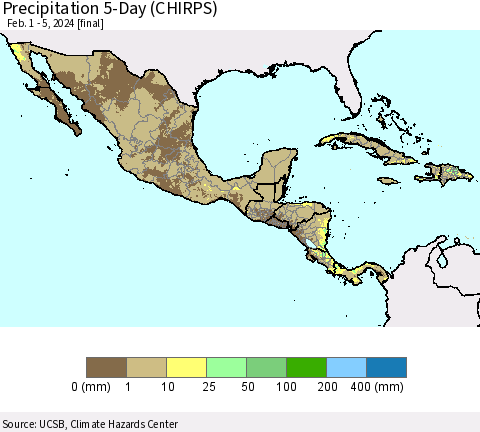 Mexico Central America and the Caribbean Precipitation 5-Day (CHIRPS) Thematic Map For 2/1/2024 - 2/5/2024