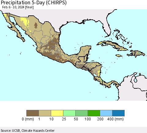 Mexico Central America and the Caribbean Precipitation 5-Day (CHIRPS) Thematic Map For 2/6/2024 - 2/10/2024