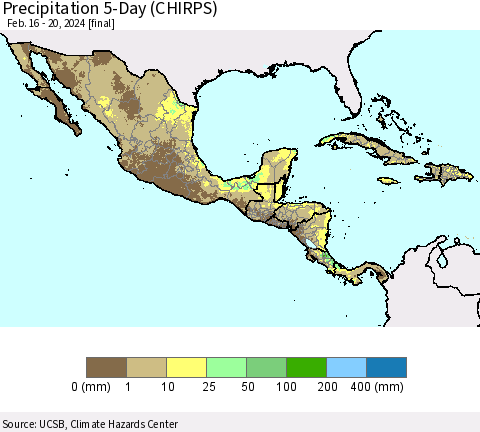 Mexico Central America and the Caribbean Precipitation 5-Day (CHIRPS) Thematic Map For 2/16/2024 - 2/20/2024