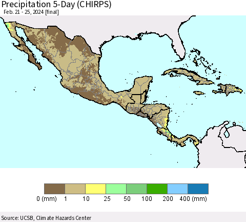 Mexico Central America and the Caribbean Precipitation 5-Day (CHIRPS) Thematic Map For 2/21/2024 - 2/25/2024