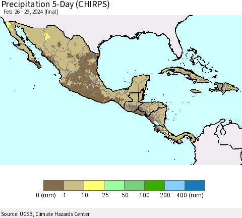 Mexico Central America and the Caribbean Precipitation 5-Day (CHIRPS) Thematic Map For 2/26/2024 - 2/29/2024