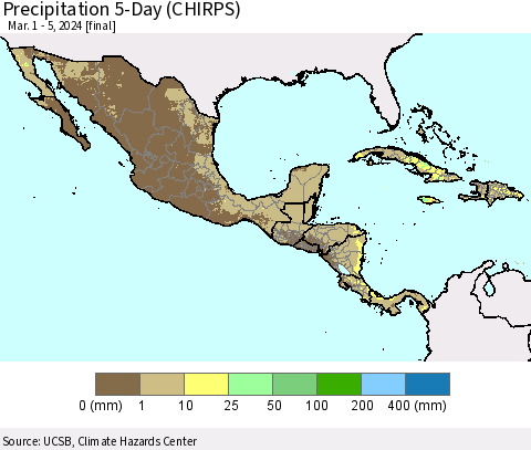 Mexico Central America and the Caribbean Precipitation 5-Day (CHIRPS) Thematic Map For 3/1/2024 - 3/5/2024