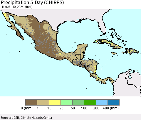 Mexico Central America and the Caribbean Precipitation 5-Day (CHIRPS) Thematic Map For 3/6/2024 - 3/10/2024