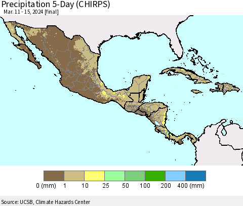 Mexico Central America and the Caribbean Precipitation 5-Day (CHIRPS) Thematic Map For 3/11/2024 - 3/15/2024