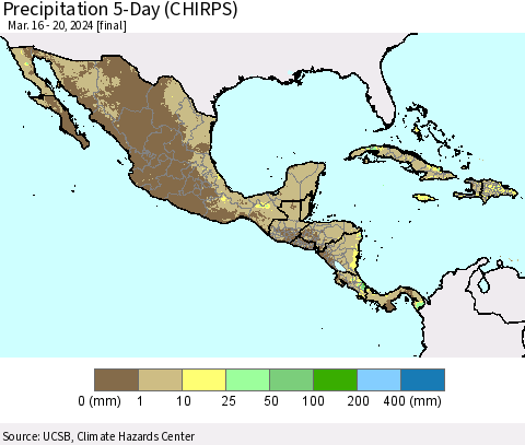 Mexico Central America and the Caribbean Precipitation 5-Day (CHIRPS) Thematic Map For 3/16/2024 - 3/20/2024