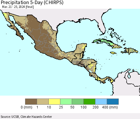 Mexico Central America and the Caribbean Precipitation 5-Day (CHIRPS) Thematic Map For 3/21/2024 - 3/25/2024