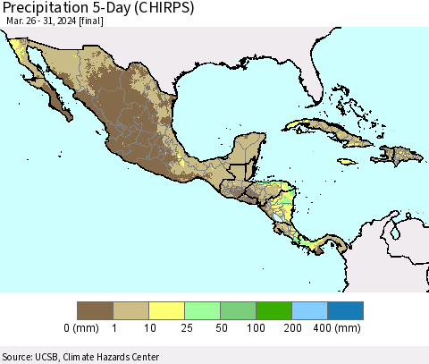 Mexico Central America and the Caribbean Precipitation 5-Day (CHIRPS) Thematic Map For 3/26/2024 - 3/31/2024