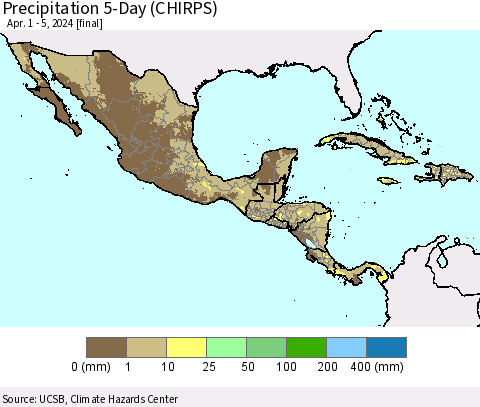 Mexico Central America and the Caribbean Precipitation 5-Day (CHIRPS) Thematic Map For 4/1/2024 - 4/5/2024