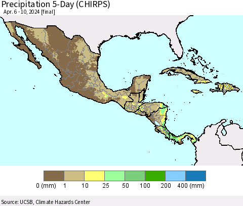 Mexico Central America and the Caribbean Precipitation 5-Day (CHIRPS) Thematic Map For 4/6/2024 - 4/10/2024