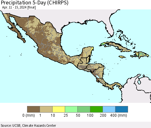 Mexico Central America and the Caribbean Precipitation 5-Day (CHIRPS) Thematic Map For 4/11/2024 - 4/15/2024