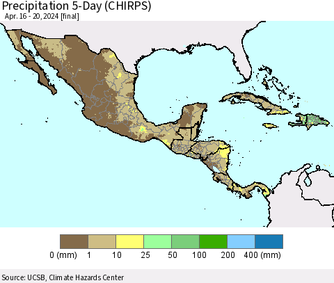 Mexico Central America and the Caribbean Precipitation 5-Day (CHIRPS) Thematic Map For 4/16/2024 - 4/20/2024