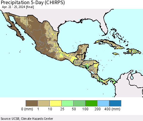 Mexico Central America and the Caribbean Precipitation 5-Day (CHIRPS) Thematic Map For 4/21/2024 - 4/25/2024