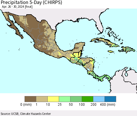 Mexico Central America and the Caribbean Precipitation 5-Day (CHIRPS) Thematic Map For 4/26/2024 - 4/30/2024