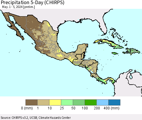 Mexico Central America and the Caribbean Precipitation 5-Day (CHIRPS) Thematic Map For 5/1/2024 - 5/5/2024