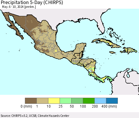 Mexico Central America and the Caribbean Precipitation 5-Day (CHIRPS) Thematic Map For 5/6/2024 - 5/10/2024