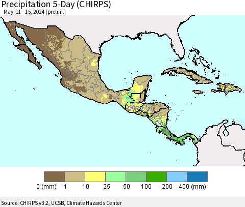 Mexico Central America and the Caribbean Precipitation 5-Day (CHIRPS) Thematic Map For 5/11/2024 - 5/15/2024