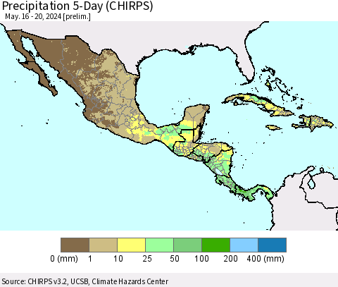 Mexico Central America and the Caribbean Precipitation 5-Day (CHIRPS) Thematic Map For 5/16/2024 - 5/20/2024