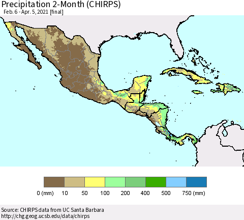 Mexico Central America and the Caribbean Precipitation 2-Month (CHIRPS) Thematic Map For 2/6/2021 - 4/5/2021