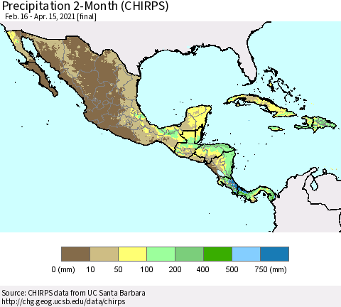 Mexico Central America and the Caribbean Precipitation 2-Month (CHIRPS) Thematic Map For 2/16/2021 - 4/15/2021