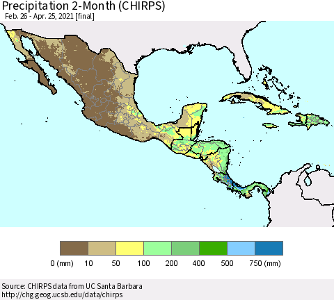 Mexico Central America and the Caribbean Precipitation 2-Month (CHIRPS) Thematic Map For 2/26/2021 - 4/25/2021