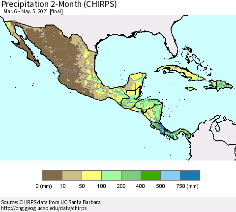 Mexico Central America and the Caribbean Precipitation 2-Month (CHIRPS) Thematic Map For 3/6/2021 - 5/5/2021