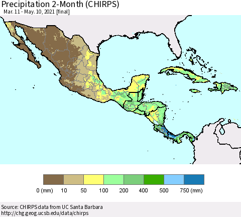 Mexico Central America and the Caribbean Precipitation 2-Month (CHIRPS) Thematic Map For 3/11/2021 - 5/10/2021