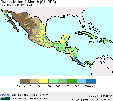 Mexico Central America and the Caribbean Precipitation 2-Month (CHIRPS) Thematic Map For 3/16/2021 - 5/15/2021