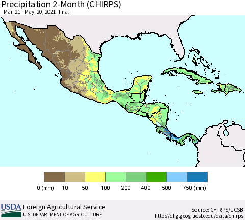 Mexico Central America and the Caribbean Precipitation 2-Month (CHIRPS) Thematic Map For 3/21/2021 - 5/20/2021