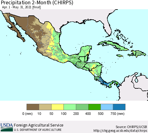 Mexico Central America and the Caribbean Precipitation 2-Month (CHIRPS) Thematic Map For 4/1/2021 - 5/31/2021