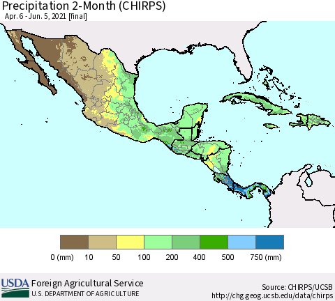 Mexico Central America and the Caribbean Precipitation 2-Month (CHIRPS) Thematic Map For 4/6/2021 - 6/5/2021