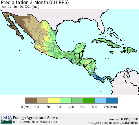 Mexico Central America and the Caribbean Precipitation 2-Month (CHIRPS) Thematic Map For 4/11/2021 - 6/10/2021