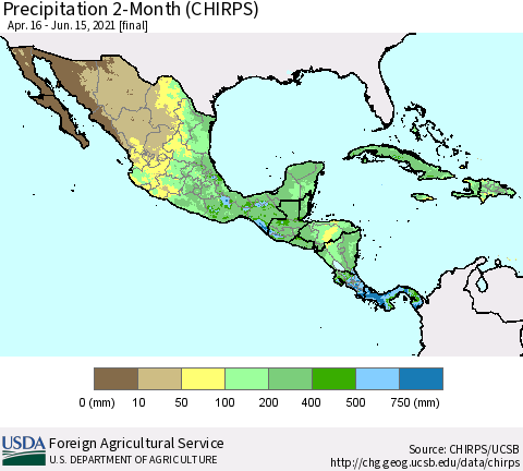 Mexico Central America and the Caribbean Precipitation 2-Month (CHIRPS) Thematic Map For 4/16/2021 - 6/15/2021