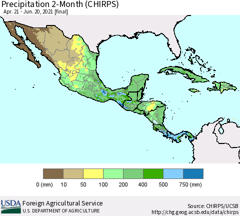Mexico Central America and the Caribbean Precipitation 2-Month (CHIRPS) Thematic Map For 4/21/2021 - 6/20/2021