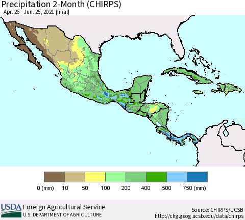 Mexico Central America and the Caribbean Precipitation 2-Month (CHIRPS) Thematic Map For 4/26/2021 - 6/25/2021