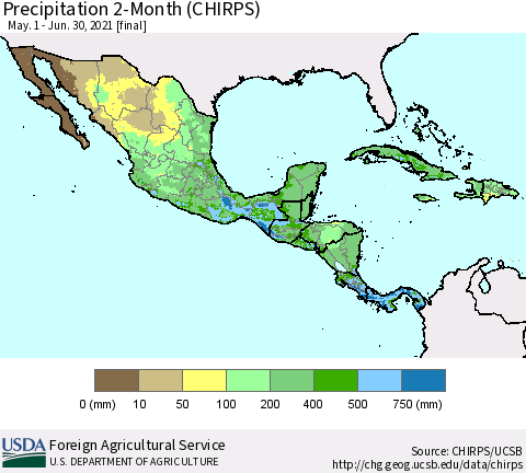 Mexico Central America and the Caribbean Precipitation 2-Month (CHIRPS) Thematic Map For 5/1/2021 - 6/30/2021
