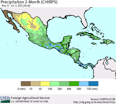 Mexico Central America and the Caribbean Precipitation 2-Month (CHIRPS) Thematic Map For 5/6/2021 - 7/5/2021
