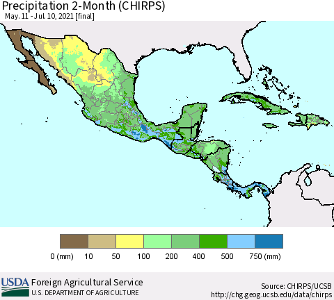 Mexico Central America and the Caribbean Precipitation 2-Month (CHIRPS) Thematic Map For 5/11/2021 - 7/10/2021