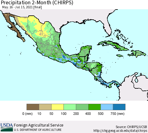 Mexico Central America and the Caribbean Precipitation 2-Month (CHIRPS) Thematic Map For 5/16/2021 - 7/15/2021