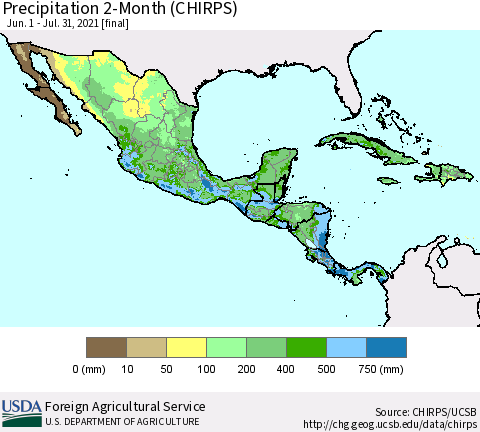 Mexico Central America and the Caribbean Precipitation 2-Month (CHIRPS) Thematic Map For 6/1/2021 - 7/31/2021