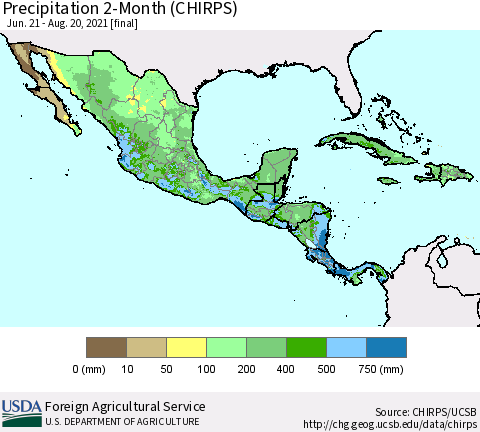 Mexico Central America and the Caribbean Precipitation 2-Month (CHIRPS) Thematic Map For 6/21/2021 - 8/20/2021