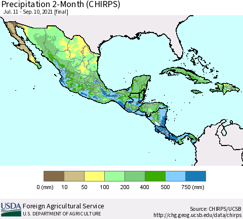 Mexico Central America and the Caribbean Precipitation 2-Month (CHIRPS) Thematic Map For 7/11/2021 - 9/10/2021