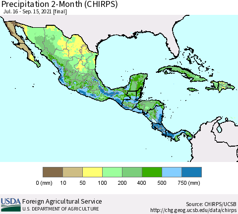 Mexico Central America and the Caribbean Precipitation 2-Month (CHIRPS) Thematic Map For 7/16/2021 - 9/15/2021