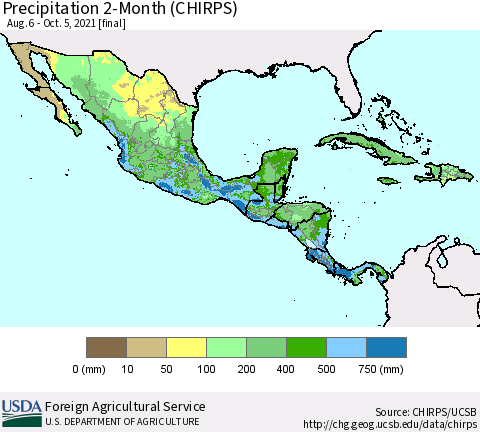 Mexico Central America and the Caribbean Precipitation 2-Month (CHIRPS) Thematic Map For 8/6/2021 - 10/5/2021