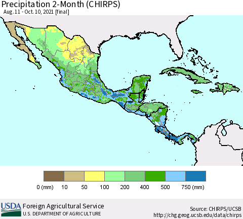 Mexico Central America and the Caribbean Precipitation 2-Month (CHIRPS) Thematic Map For 8/11/2021 - 10/10/2021