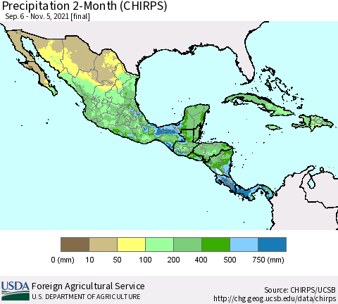 Mexico Central America and the Caribbean Precipitation 2-Month (CHIRPS) Thematic Map For 9/6/2021 - 11/5/2021