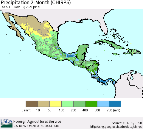 Mexico Central America and the Caribbean Precipitation 2-Month (CHIRPS) Thematic Map For 9/11/2021 - 11/10/2021