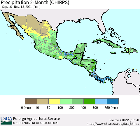 Mexico Central America and the Caribbean Precipitation 2-Month (CHIRPS) Thematic Map For 9/16/2021 - 11/15/2021