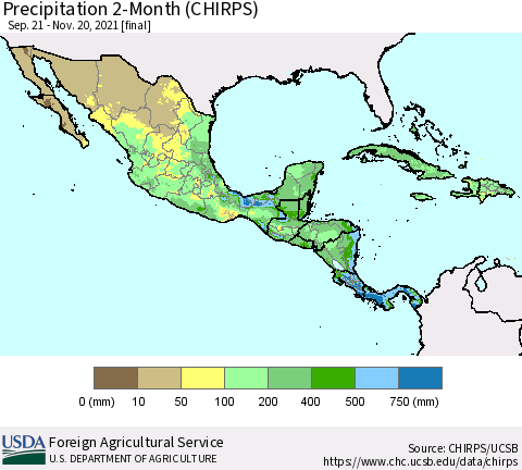 Mexico Central America and the Caribbean Precipitation 2-Month (CHIRPS) Thematic Map For 9/21/2021 - 11/20/2021